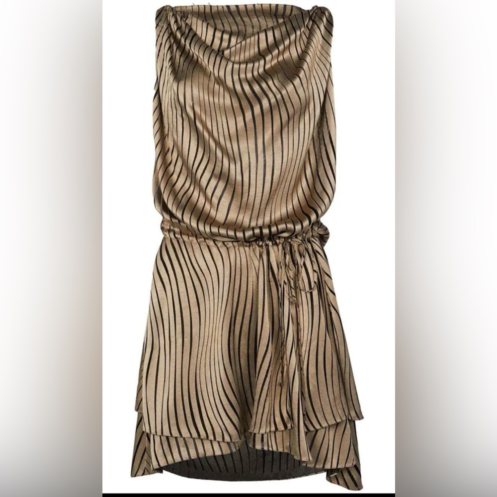 RTA cowl neck Women’s gold black Blend Striped‎ Ruffle mini Dress Italy Small